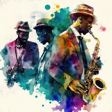 Group of jazz musicians. Watercolor. Generative AI.