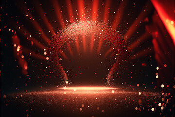 Abstract background with red bokeh, confetti rain on festive stage with light beam in the middle, empty room at night mockup