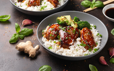 Teriyaki Pork Belly with broccoli, spring onion and rice