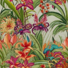 Fototapeta na wymiar Flower Garden Embroidery Digital Paper, Seamless Flower Embroidery Pattern, Seamless Embroidered Flower Garden Texture