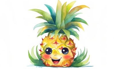  a pineapple with a face painted on it's face and green leaves around it's edges, with a smile on its face.  generative ai