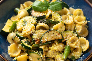 Lemon infused Orecchiette pasta with courgette or zucchini and asparagus