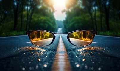  a pair of sunglasses sitting on the side of a road in the middle of the day with the sun shining through the trees behind them.  generative ai