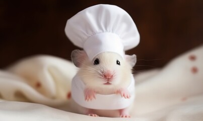  a mouse wearing a chef's hat on top of a bed with a white sheet on it's back and a white blanket behind it.  generative ai