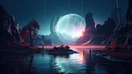 Futuristic fantasy landscape, sci-fi landscape with planet, neon light © neirfy
