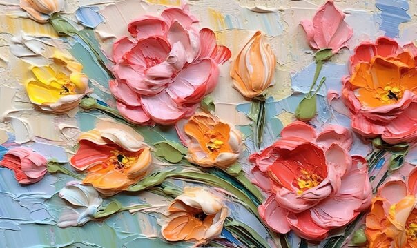  A Painting Of A Bunch Of Flowers Painted On A Canvas With Acrylic Paint On The Canvas And A Bee On The Flower Stem.  Generative Ai