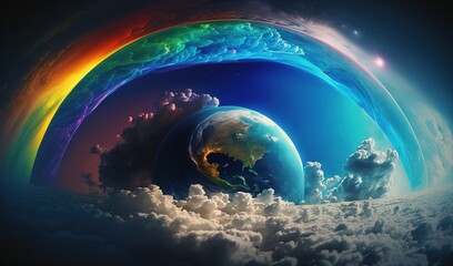  a picture of a rainbow in the sky with clouds and a rainbow in the center of the picture is a rainbow and a blue sky with clouds and a rainbow in the center.  generative ai