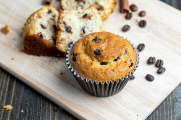 Cupcake with chocolate pieces, close up