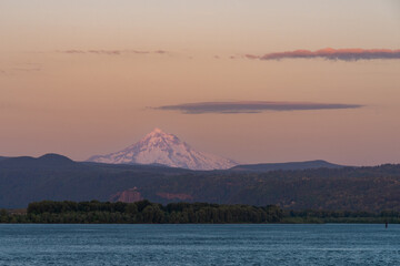Mt Hood over vista house and Columbia River during June sunset, Oregon and Washington 