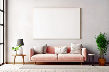 Mockup of 1 empty wall frame on gray concrete wall in living room interior with modern furniture, big window, loft, pink