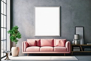 Mockup of 1 empty wall frame on gray concrete wall in living room interior with modern furniture, big window, loft, pink