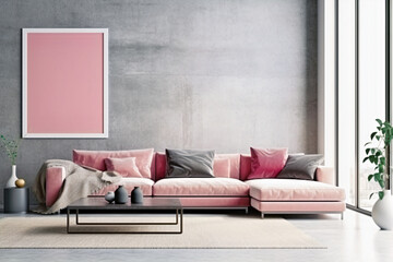 Mockup of 1 empty wall frame on gray concrete wall in living room interior with modern furniture, big window, loft, pink