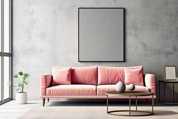 Mockup of 1 empty wall frame on gray concrete wall in living room interior with modern furniture, big window, loft, pink