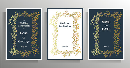 Wedding invitation template set. Graphic design with hand drawn decorative frame. Vector illustration.