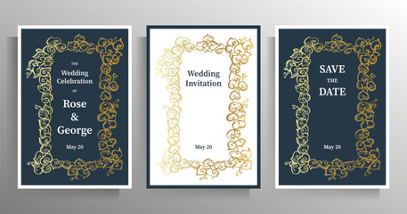 Naklejka premium Wedding invitation template set. Graphic design with hand drawn decorative frame. Vector illustration.