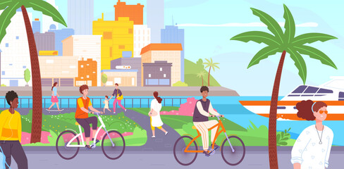 Riding bike on seaside. Man and woman cyclist ride to beach, people biking or walking in sea city tropical landscape, happy travelers at rent travel bicycles, vector illustration