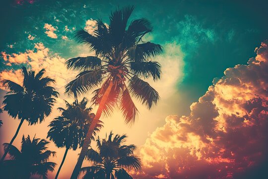 Tropical palm tree against abstract sunset sky and cloud backdrop. Summertime getaway and outdoor adventure theme. color style with a vintage tone filter effect. Generative AI