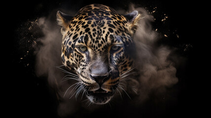 Leopard emerging through the smoke