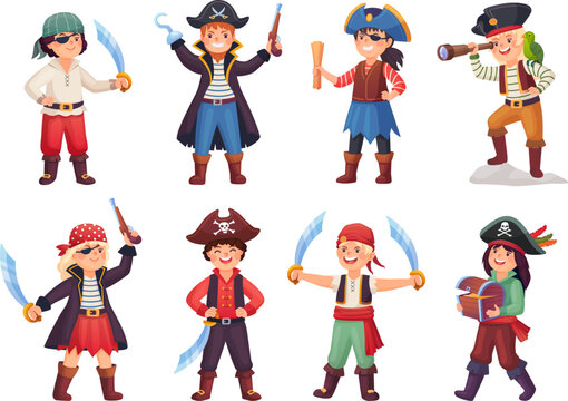 Kid pirate costumes. Child young pirates carnival costume, cartoon piratin fun character sea rover captain boy adventure sailor corsair girl buccaneer ingenious vector illustration