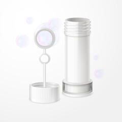 Bubble wand. Soap bubbles blower 3d realistic mockup, stick and bottle for blowing fun foam sphere preschool children fun toy water shampoo balls maker, exact vector illustration