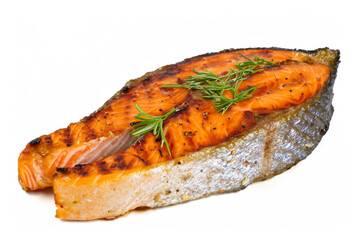Tasty grilled salmon isolated on white background