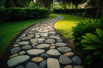 Obraz premium Stone garden pathway with grass growing between the stones. In-depth look at a botanical garden. Generative AI