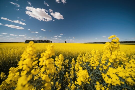 Summertime view of a flowering rapeseed field against a blue sky. Sweden. Generative AI