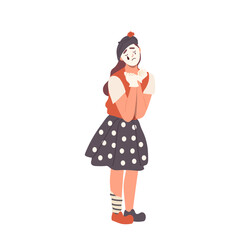 Isolated silent woman mime actress with crybaby mask on face showing sadness and dramatic mood