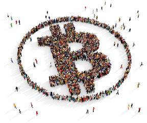 Large group of multiracial people gathered together in the shape of a Bitcoin cryptocurrency symbol, investing concept, top view, on transparent background	