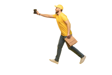 Portrait of young delivery man in yellow uniform with paper packet and takeaway coffee isolated over transparent background