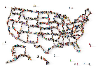 Large group of multiracial people gathered together in the shape of of all the 50 United States of America, USA infographic concept, top view, on transparent background	