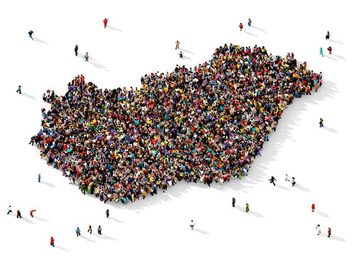 Large group of multiracial people gathered together in the shape of Hungary map, hungarian infographics concept, top view, on transparent background	