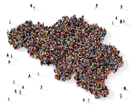 Large group of multiracial people gathered together in the shape of Belgium map, infographics concept, top view, on transparent background	 - Powered by Adobe