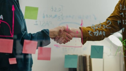 Handshake close-up, Business lady Joyfully demonstrates consent At the workplace in the office of autonomous energy, Consultant woman Demonstrates confidence, future technologies businessman handshake