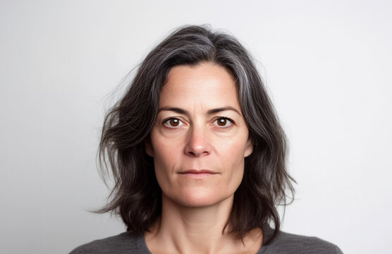Studio portrait of mature woman with neutral expression, close up with white background, Generative AI