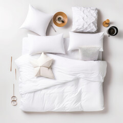 Bedroom comfortable decoration. White bed equipment with pillows. Generative AI.