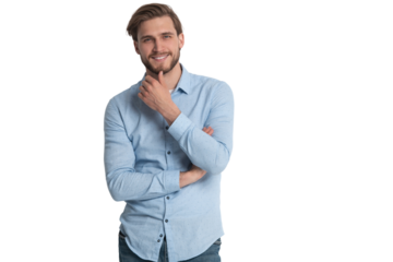 Portrait of a smart young man standing against transparent background