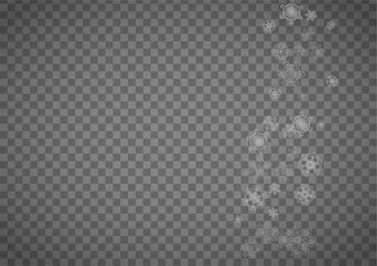 Isolated snowflakes on transparent grey background. Silver glitter snow. Horizontal Christmas and New Year design for party invitation, banner, sale. Winter window. Magic crystal isolated snowflakes