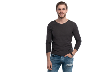 Portrait of a smart young man standing against transparent background