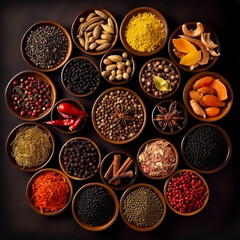 Variety of colorful spices. Different spices above view. Generative AI.