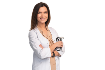 Smiling female medical worker in white coat isolated on transparent