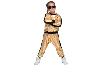 Happy little girl in gold suit dancing isolated on transparent background