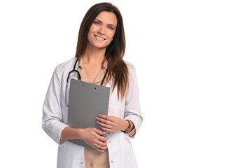 Smiling female medical worker in white coat isolated on transparent - 609735977