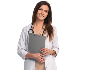Smiling female medical worker in white coat isolated on transparent
