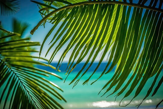 On a sunny tropical beach, palm tree leaves. Background image of a tropical beach and a summer vacation. Generative AI