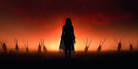 Fototapeta premium AI Generated. AI Generative. Native american indian western chief apache warrior in the fog mist cinematic shot. Graphic Art