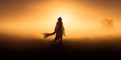 AI Generated. AI Generative. Native american indian western chief apache warrior in the fog mist cinematic shot. Graphic Art - obrazy, fototapety, plakaty