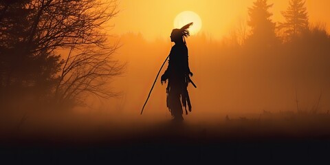 AI Generated. AI Generative. Native american indian western chief apache warrior in the fog mist cinematic shot. Graphic Art