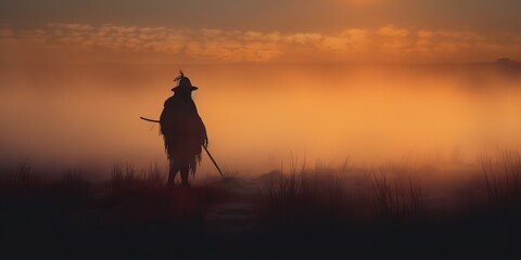 Obraz na płótnie Canvas AI Generated. AI Generative. Native american indian western chief apache warrior in the fog mist cinematic shot. Graphic Art