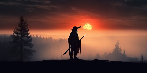 Fototapeta na wymiar AI Generated. AI Generative. Native american indian western chief apache warrior in the fog mist cinematic shot. Graphic Art